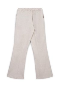 Pantaloni dritti beige chiaro con vita elastica e tasche laterali e posteriori, mostrati distesi su uno sfondo bianco.