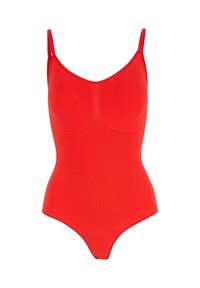 Roter ärmelloser Body mit Rundhalsausschnitt, glatter Textur und figurbetontem Design. Verfügt über Nähte im Brustbereich.