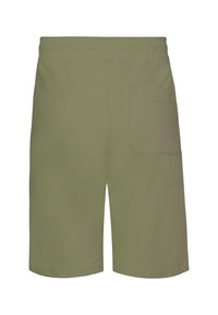 Olijfgroene shorts van een katoenmix; voorzien van een elastische tailleband en een enkele achterzak met een eenvoudige afgeborde rand.
