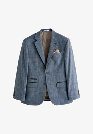 Kék kockás blézer sima textúrával, egysoros gombolású kialakítással, két első zsebbel és egy bézs színű díszzsebkendővel a mellzsebben.