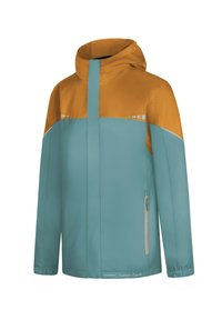 Hoodie mit einem Design in Blau-Orange-Farbe, mit einer glatten, leichten Textur und einer seitlichen Reißverschlusstasche.