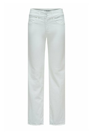 Jean blanc droit avec poches avant, passants de ceinture et fermeture double bouton à la taille.