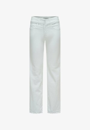 Jean blanc droit avec poches avant, passants de ceinture et fermeture double bouton à la taille.