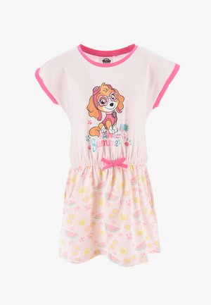 Lichtroze zomerjurk met korte mouwen, met een speelse hondenafbeelding, elastische taille en een rok versierd met zon- en watermeloenpatronen.