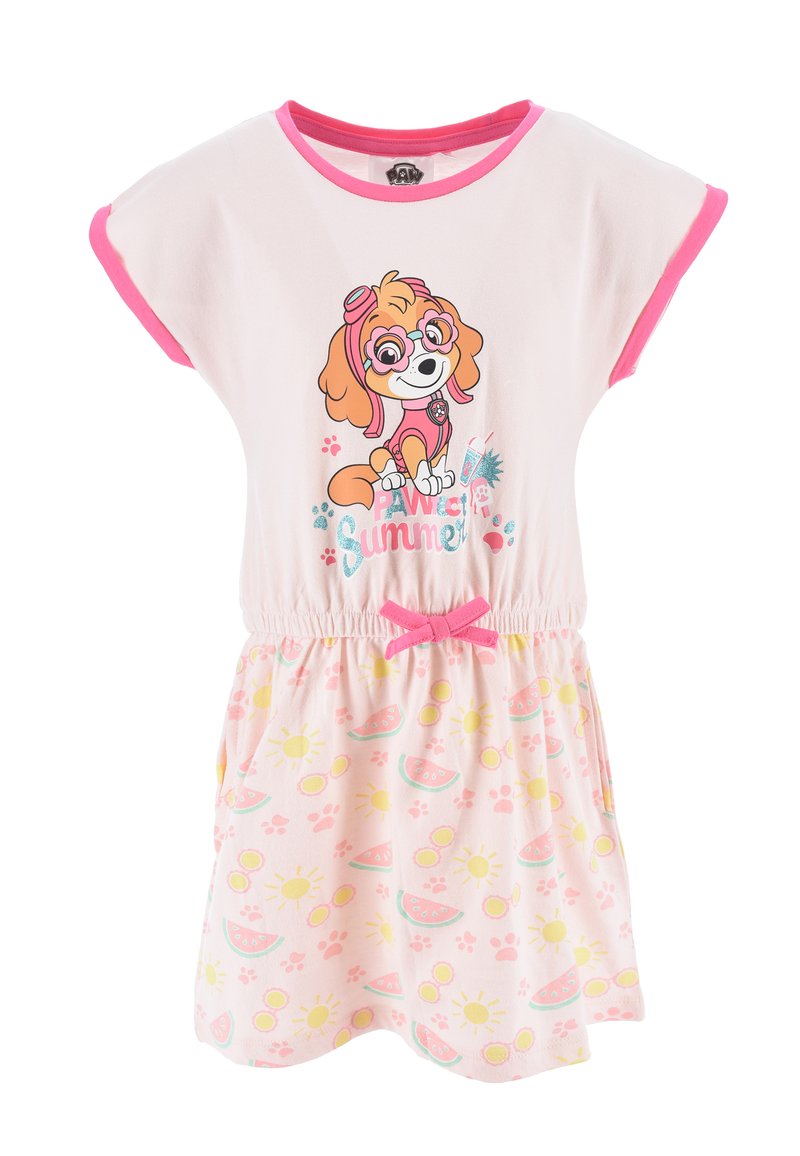 Lichtroze zomerjurk met korte mouwen, met een speelse hondenafbeelding, elastische taille en een rok versierd met zon- en watermeloenpatronen.