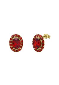 Goudkleurige studs met grote ovale rode stenen, omringd door kleinere rode accenten, met een gepolijste afwerking en ingewikkelde details.