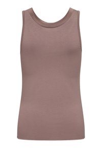 Brun ærmeløs tanktop lavet af glat, strækkende stof. Har en rund halsudskæring og en tætsiddende silhuet for en tæt pasform.