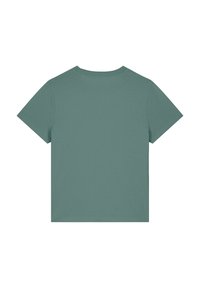 Kurzarm-T-Shirt in gedämpftem Grün, aus weicher Baumwolle. Verfügt über einen klassischen Rundhalsausschnitt und eine reguläre Passform, mit Nähten entlang der Ränder.