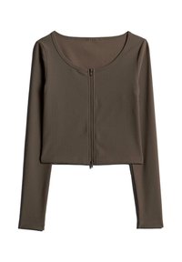Top court à manches longues en tissu côtelé vert olive, avec un zip à l'avant et un col rond. Texturé avec une silhouette ajustée.