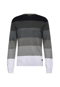 Svetr s kulatým výstřihem, který má horizontální pruhy v tmavě šedé, středně šedé, světlé šedé a bílé barvě. Měkká pletená textura s žebrovanými manžetami.