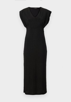 Črna brezrokavna maksi obleka z V-izrezom in nagubanim detajlom pri pasu. Narejena iz gladkega, rahlo svetlečega materiala.