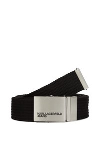 Ceinture tissée noire en tissu résistant avec une boucle métallique rectangulaire en argent. Présente une inscription gravée : "KARL LAGERFELD JEANS."