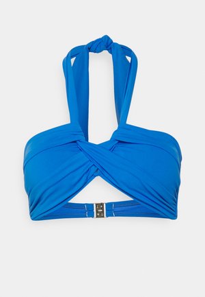 Modrý bandeau bikiny top s prekrúteným predným dizajnom, s ramienkami na krk a kovovým zapínaním na chrbte. Hladká, elastická štruktúra látky.