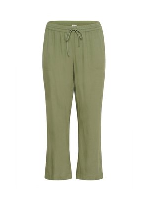 Pantalon léger, vert olive avec une taille élastique à cordon de serrage, deux poches latérales, jambes droites et une texture douce et lisse.