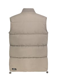 Beige gepolsterte Weste mit hohem Kragen, horizontalen Steppnähten und Kordelzug am Saum mit Zugstoppern. Leichter Stoff.