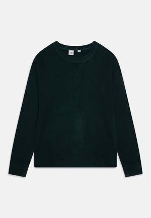 Pull vert foncé à col rond à manches longues, avec des poignets et un ourlet côtelés, présentant un petit détail de couture en forme de V sous l'encolure.