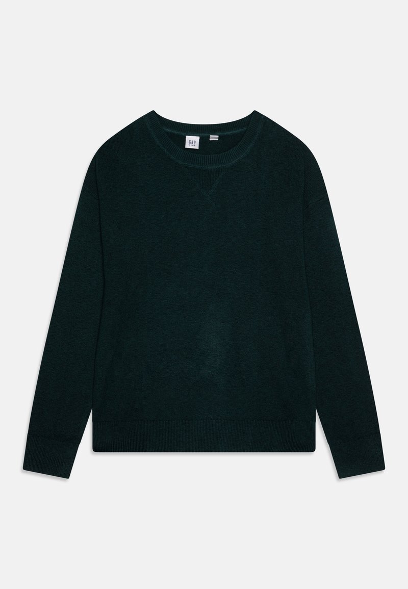 Pull vert foncé à col rond à manches longues, avec des poignets et un ourlet côtelés, présentant un petit détail de couture en forme de V sous l'encolure.
