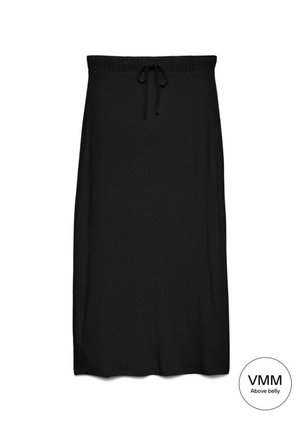 Zwarte midi-rok met elastische tailleband en koordje, ontworpen om boven de buik te zitten.
