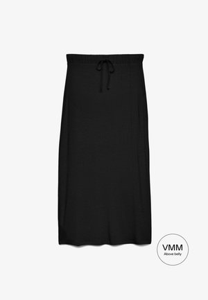 Black midi skirt with elastic waistband and drawstring, designed to sit above the belly.