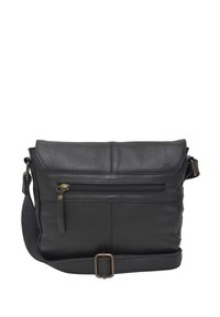 Sort læder crossover taske med en lynlåslukket frontlomme, justerbar rem og glat tekstur. Har en fold-over klap og syninger.