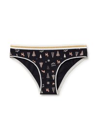 Zwarte bikini-onderbroek met witte bies, gouden glinsterende tailleband en bedrukt met roze kerstbomen, rendieren en sneeuwvlokken.