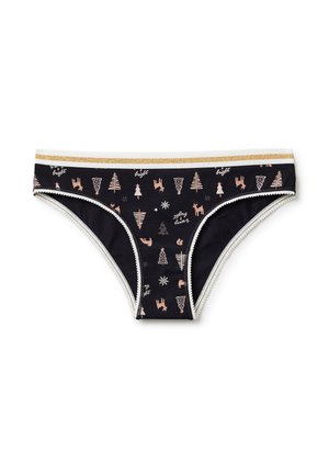 Mutande nere stile bikini con rifiniture bianche, fascia in vita glitter oro e stampa con alberi di Natale rosa, renne e fiocchi di neve.