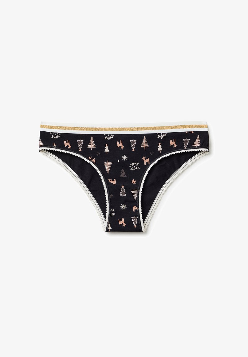Zwarte bikini-onderbroek met witte bies, gouden glinsterende tailleband en bedrukt met roze kerstbomen, rendieren en sneeuwvlokken.