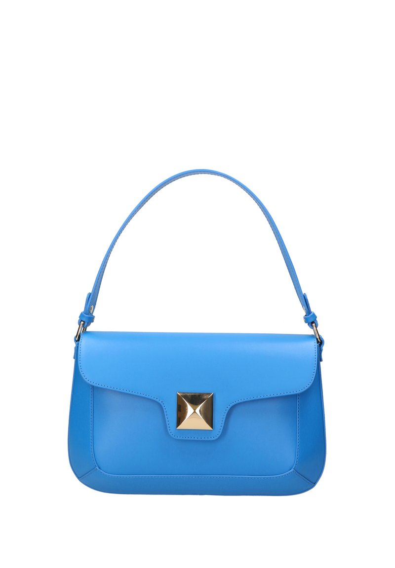 Sac à main en cuir bleu avec un design structuré, fermoir rectangulaire en or et une seule bandoulière réglable. Texture lisse et lignes épurées.