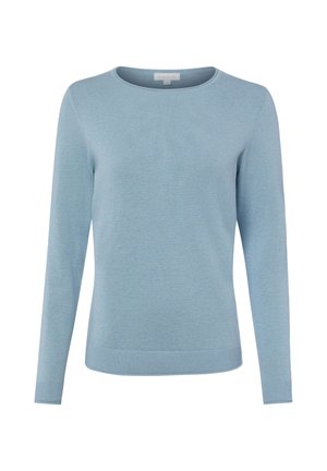 Pull en maille bleu clair à manches longues, col rond avec poignets et ourlet côtelés, présenté sur un fond blanc uni.