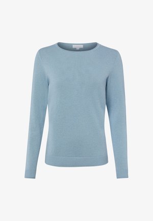 Pull en maille bleu clair à manches longues, col rond avec poignets et ourlet côtelés, présenté sur un fond blanc uni.