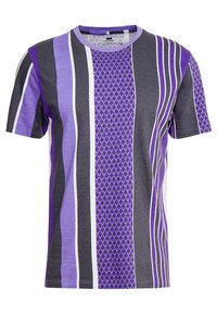 Purple and gray short-sleeve t-shirt with vertical stripes, featuring a textured pattern on the front. Round neckline, cotton blend fabric.