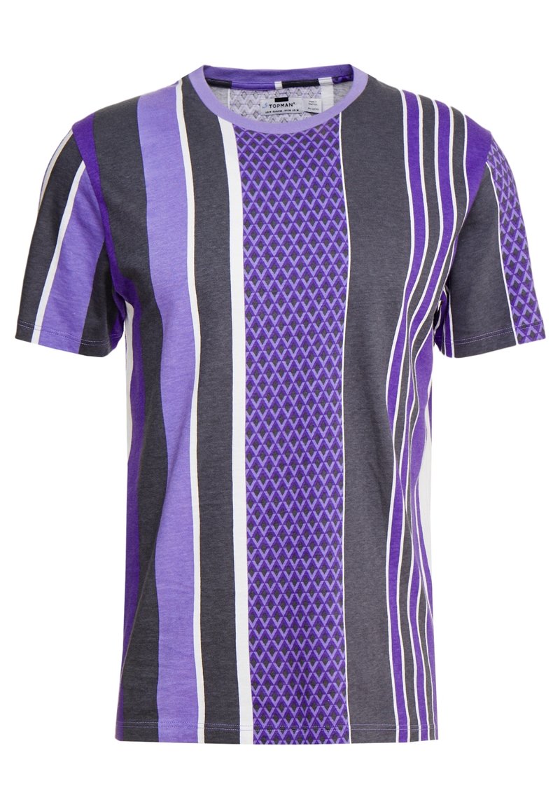 Purple and gray short-sleeve t-shirt with vertical stripes, featuring a textured pattern on the front. Round neckline, cotton blend fabric.