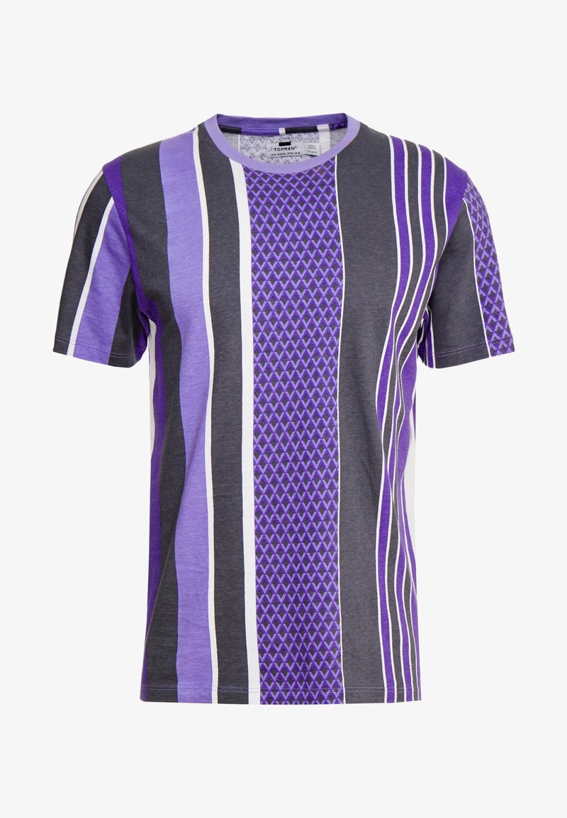 Purple and gray short-sleeve t-shirt with vertical stripes, featuring a textured pattern on the front. Round neckline, cotton blend fabric.