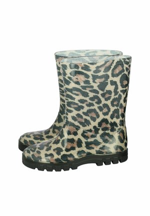 Gummistiefel mittlerer Höhe mit beigem, braunem und schwarzem Leopardenmuster und schwarzen, texturierten Sohlen, nebeneinander angeordnet.