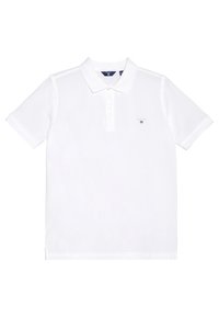 Valkoinen puuvillapolo-paita, jossa on klassinen kaulus, lyhyet hihat ja pieni broderattu logo vasemmassa rinnassa. Pehmeä rakenne.