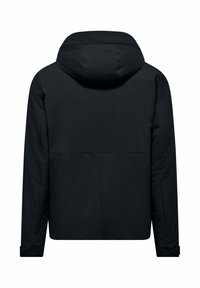 Giacca nera con cappuccio, dal tessuto liscio, taglio dritto e tasche con zip nascoste. Presenta una cucitura a yugo posteriore per un tocco di dettaglio in più.