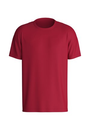 Rode T-shirt met korte mouwen van zachte, gladde stof. Het heeft een ronde halslijn en is effen van kleur zonder patronen of versieringen.