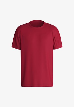 Rode T-shirt met korte mouwen van zachte, gladde stof. Het heeft een ronde halslijn en is effen van kleur zonder patronen of versieringen.