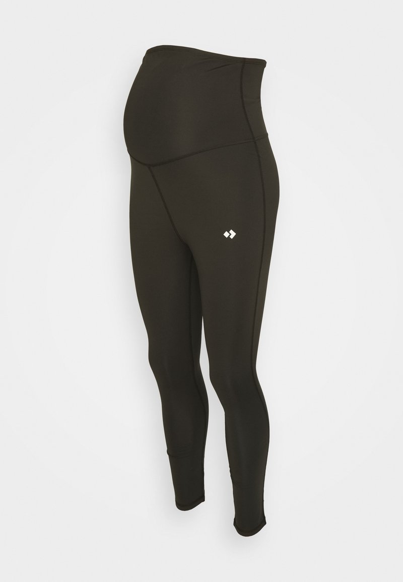 Legginsy ciążowe w ciemnozielonym kolorze, z wysokim stanem dla wsparcia, elastyczny materiał, gładka struktura, z małym białym logo na nogawce.