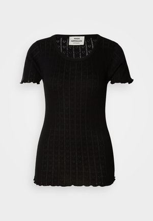 Black short-sleeve top with a ribbed texture, featuring heart patterns. Rounded neckline and scalloped edges at sleeves and hem.