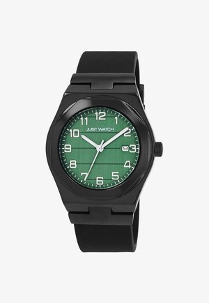 Black watch with a green textured dial, white hour markers, and hands. Features a round case and a black rubber strap. Date window at 3 o'clock.