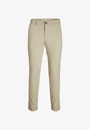 Beige trousers made of smooth fabric, featuring a standard button and zipper closure, with a slim fit and tapered legs.