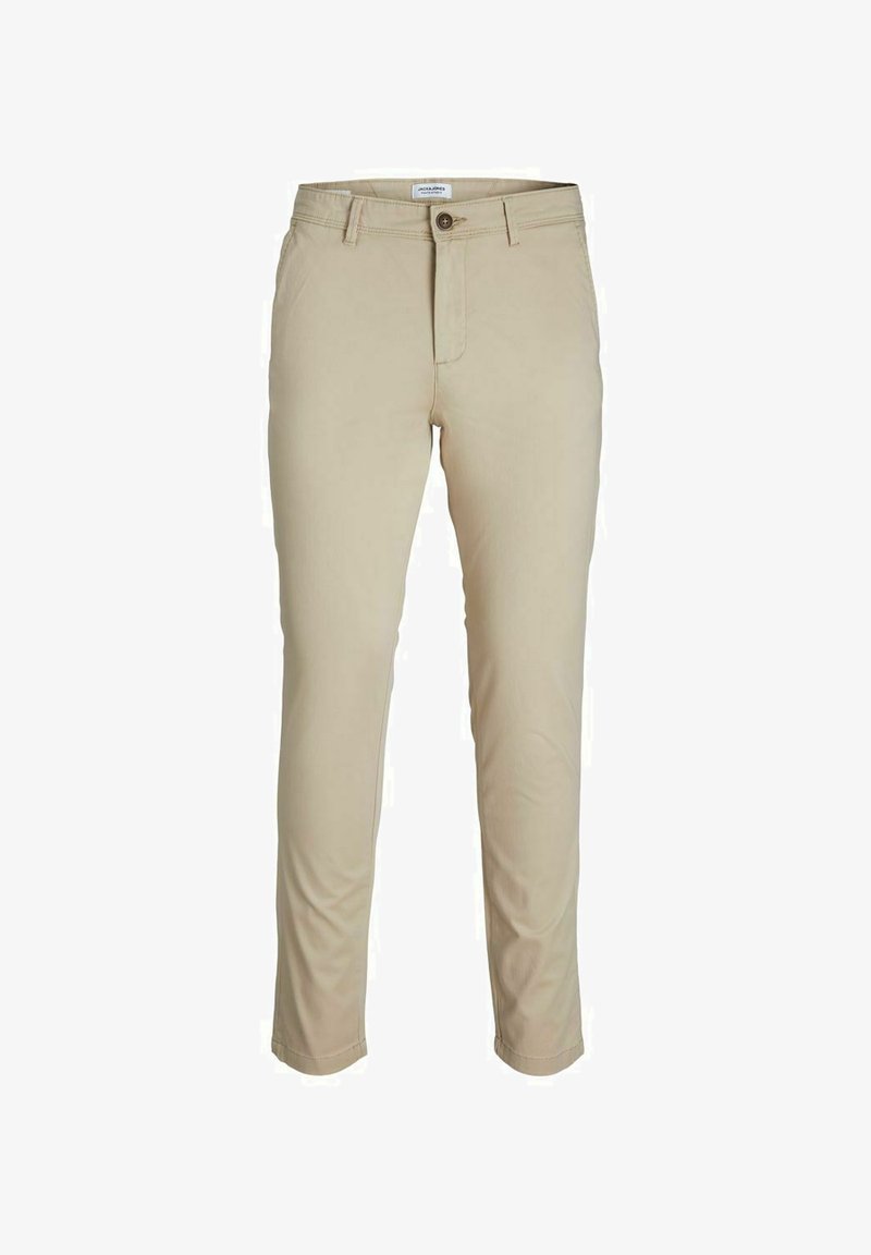 Bež hlače od glatkog materijala, s standardnim gumbom i zatvaranjem na patentni zatvarač, slim fit kroja i suženim nogavicama.