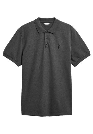 Donkergrijze poloshirt van gebreide stof, met een klassieke kraag, een placket met drie knopen en een klein geborduurd embleem op de linkerkant van de borst.
