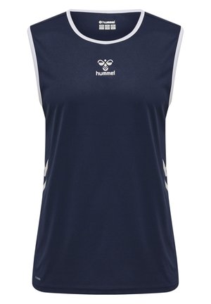 Marineblauw mouwloos sporttop met witte accenten, een ronde hals en een logo op de borst. Gemaakt van ademend materiaal, geschikt voor sportieve activiteiten.