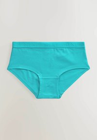 Slip hipster in cotone turchese con elastico logato. Presenta una texture liscia e un design a copertura totale.