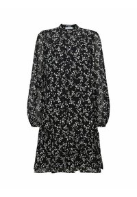 Robe en mousseline noire à imprimé floral blanc, manches longues, devant boutonné et volants en étages à l'ourlet. Texture lisse.