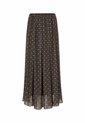 Jupe marron à pois, en tissu léger et fluide. Elle présente une taille élastique et tombe à mi-mollet.