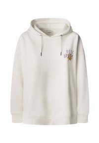 Witte katoenen hoodie met een kangoeroezak, capuchon met trekkoord en paars geborduurd "Pepe Jeans" logo. Zachte textuur met een ontspannen pasvorm.