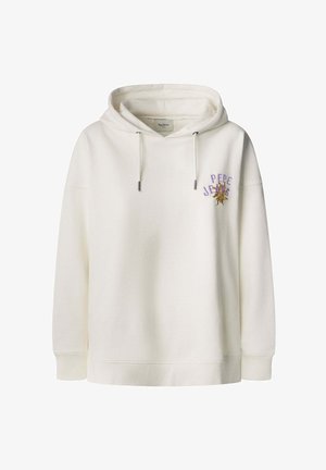 Vit bomullshoodie med känguruficka, snörad huva och lila broderad "Pepe Jeans"-logotyp. Mjuk textur med en avslappnad passform.
